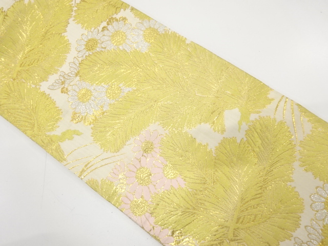 JAPANESE KIMONO / ANTIQUE MARU OBI / WOVEN YOUNG PINE & KIKU